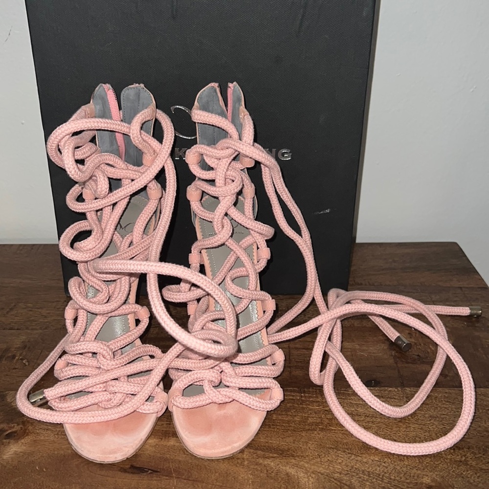 women's gladiators lace-up rose suede heels used in their box size 39 EU 8.5 US